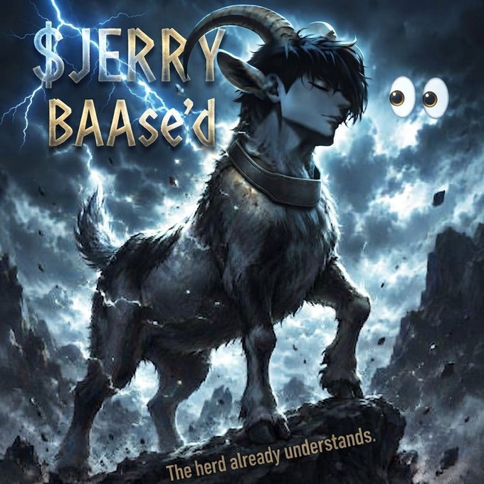 A digital artwork of a goat-headed humanoid character with a collar standing dramatically against a stormy sky, overlaid with text '$JERRY BAAse'd' and 'The herd already understands.', plus a cartoon eyes emoji.