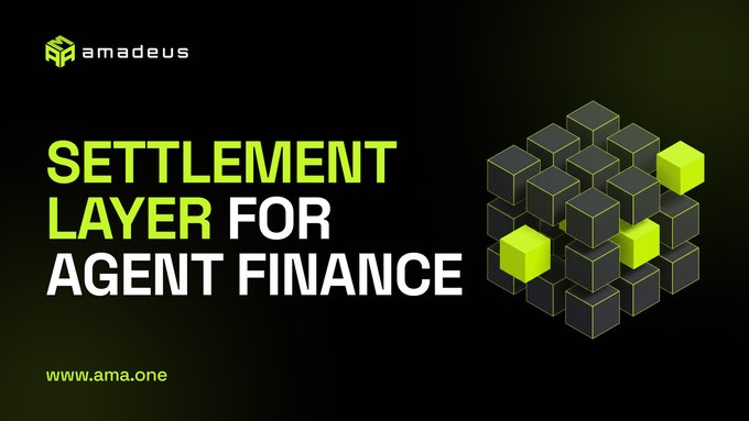 A promotional graphic with the text 'SETTLEMENT LAYER FOR AGENT FINANCE' alongside the Amadeus logo and website 'www.ama.one' next to an arrangement of green and grey 3D cubes.