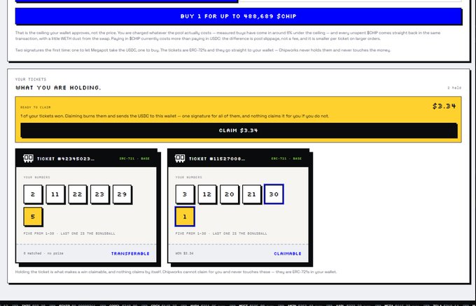 The image shows a MegaPot onchain lottery interface on ChipWorks, where users can buy tickets with USDC or CHIP (with a promo of "BUY 1 FOR UP TO 488,689 $CHIP"), and displays two ticket purchases with numbers selected, including a claimable winning ticket worth $3.34 with matching number "30" on ticket #115827000, directly illustrating the lottery participation and winning mechanism advertised in the post.