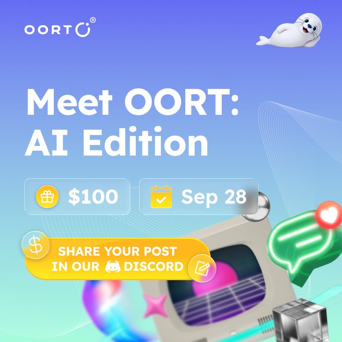 A promotional graphic for "Meet OORT: AI Edition" featuring a blue gradient background with the OORT logo, a cartoon seal mascot, and details showing a $100 reward with a September 24 deadline, alongside a call to "Share your post in our Discord" — visually representing the AI-themed campaign described in the text about teaching AI to recognize OORT.