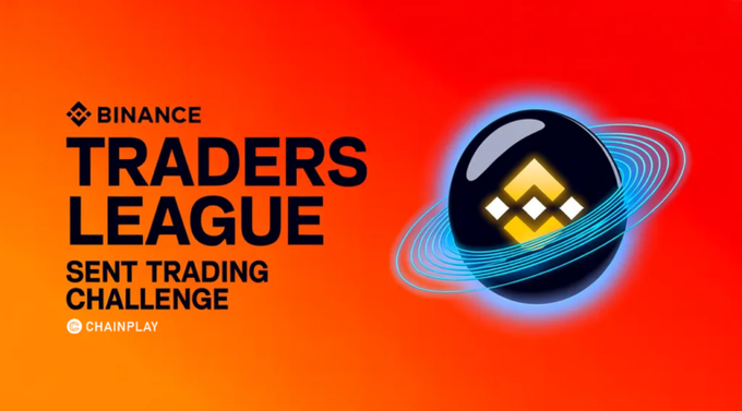 A red/orange Binance promotional graphic for the 'Traders League' SENT Trading Challenge powered by ChainPlay, featuring a BNB logo with orbiting rings.