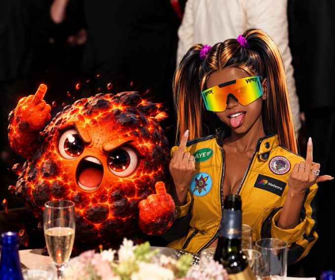 An image showing a person with orange-streaked hair in pigtails, wearing reflective sunglasses with 'VIBES' text and a yellow jacket, sticking out their tongue next to an animated character of a meteor-like ball with an angry face.
