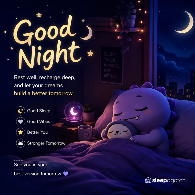 Illustration of a purple monster character and a small cat sleeping in bed with text 'Good Night', 'Rest well, recharge deep, and let your dreams build a better tomorrow', 'sleepagotchi', and checkboxes for 'Good Sleep', 'Good Vibes', 'Better You', 'Stronger Tomorrow'.