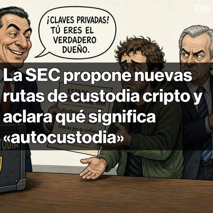 A Spanish-language news graphic titled 'La SEC propone nuevas rutas de custodia cripto y aclara qué significa «autocustodia»' overlays a cartoon depicting a smiling man offering '¡CLAVES PRIVADAS! TÚ ERES EL VERDADERO DUEÑO' to a worried person.