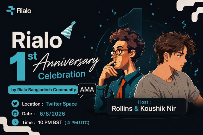 Promotional graphic for 'Rialo 1st Anniversary Celebration' AMA event hosted by Rollins & Koushik Nir on Twitter Space on 6/8/2026 at 10 PM BST (4 PM UTC), featuring illustrated characters and confetti.