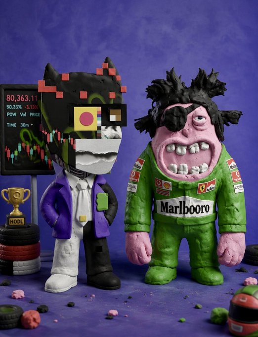 The image shows two clay figurines: one dressed as a vampire in a purple suit with a trophy labeled "HODL" and a Bitcoin price chart in the background, and another wild-haired character wearing a green Marlboro-branded racing outfit, set against a purple backdrop scattered with crypto-themed accessories.

The whimsical scene of handmade NFT collectibles being "sniped by bots" mirrors the poster's frustration about missing the FCFS mint and having to buy their Bagman and t00ns NFTs on the secondary market instead.