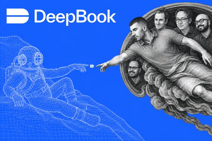 A parody of Michelangelo's 'Creation of Adam' on a blue background with the text 'DeepBook', depicting a wireframe astronaut reaching toward a group of human figures.