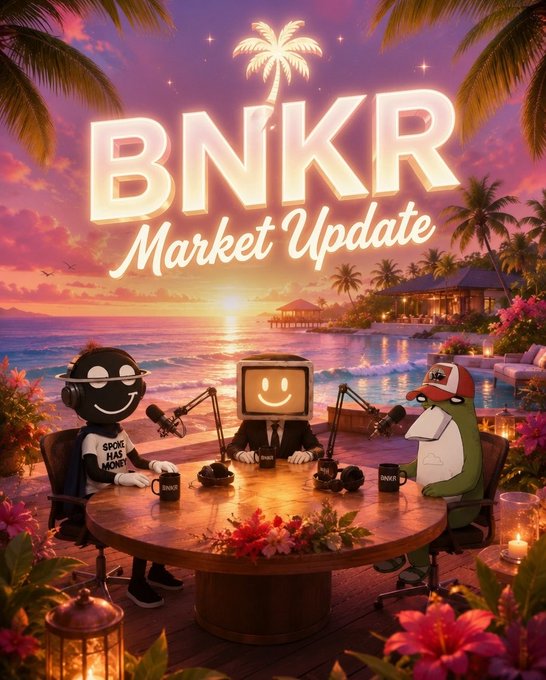 The image features a cartoon scene of three cartoon characters sitting around a table with cups of coffee. The background shows a beach at sunset, adding a tropical atmosphere to the scene. The text "BNKR Market Update" is written above the characters' heads in white letters.