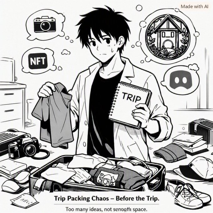 A black and white manga-style AI-generated illustration of a stressed young man packing a suitcase labeled "TRIP," surrounded by thought bubbles showing a camera, NFT logo, a traditional house, and a Discord icon, with the caption "Trip Packing Chaos – Before the Trip. Too many ideas, not enough space."