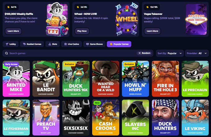 A screenshot of an online casino or gaming platform featuring various slot games like 'Minted Mike', 'Le Bandit', 'Duck Hunters 16K', and 'Wanted Dead or a Wild', along with a 'Wheel-NOW LIVE!' promotion.