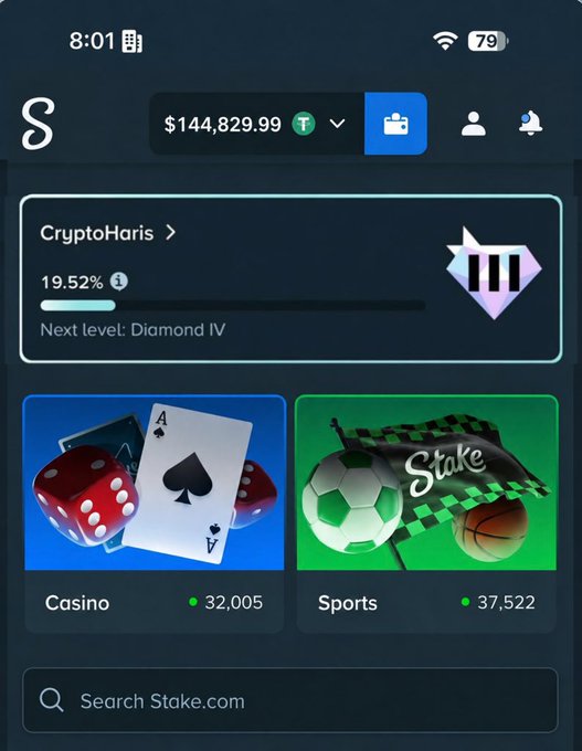 A mobile screenshot of the Stake.com gambling platform shows user "CryptoHaris" with a balance of $144,829.99, ranked at Diamond IV level (19.52%), along with Casino (32,005) and Sports (37,522) sections. The post promotes giving tips to 10 new people, using the large account balance as social proof of the tipper's credibility and success on the platform.