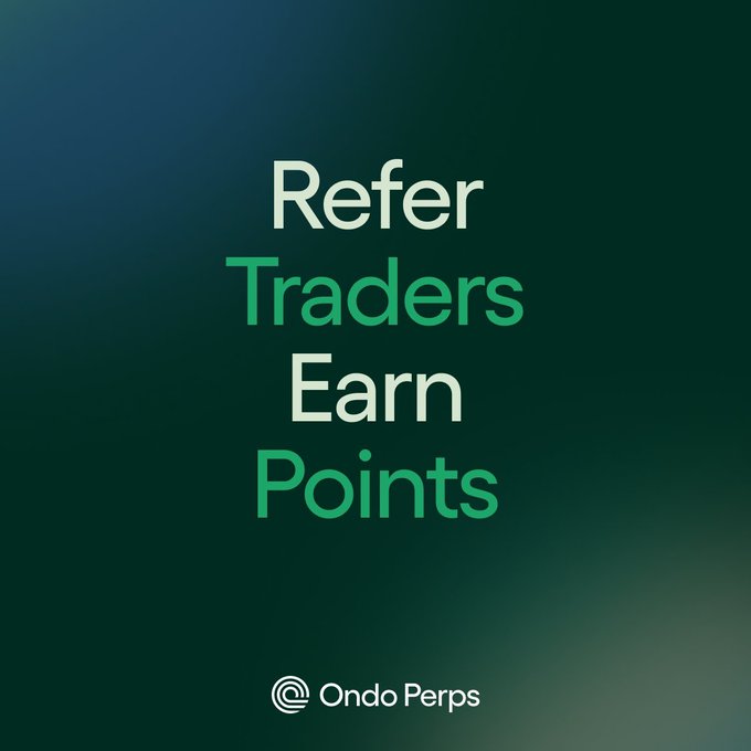 A dark green promotional graphic reads “Refer Traders Earn Points,” with the “Ondo Perps” name and logo at the bottom.