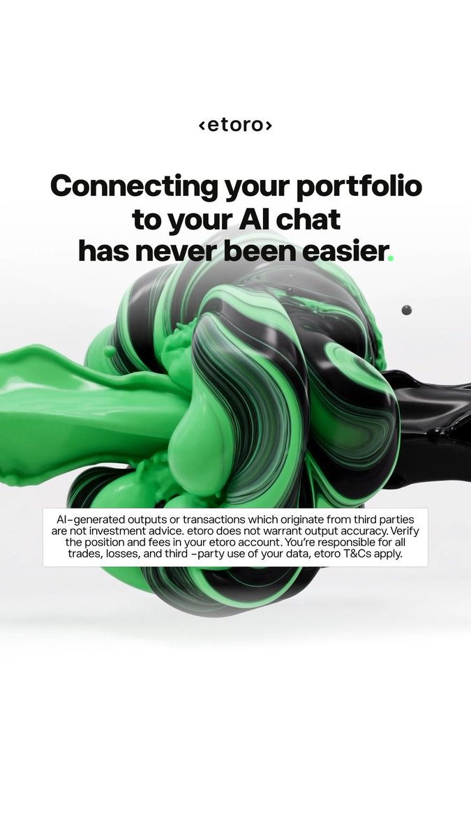 An advertisement with the "etoro" logo and the headline "Connecting your portfolio to your AI chat has never been easier," featuring a green and black swirling 3D abstract design and a disclaimer at the bottom.