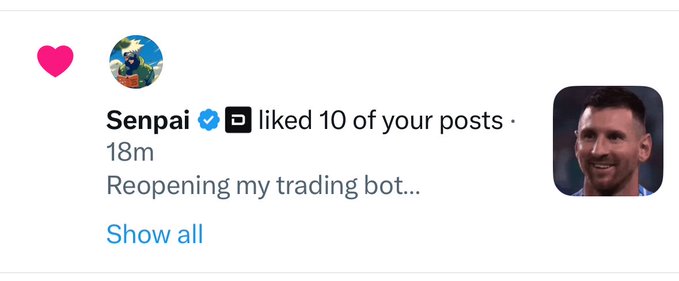 An Instagram notification shows 'Senpai' with a verified badge liked 10 posts, accompanied by a profile picture resembling Lionel Messi.