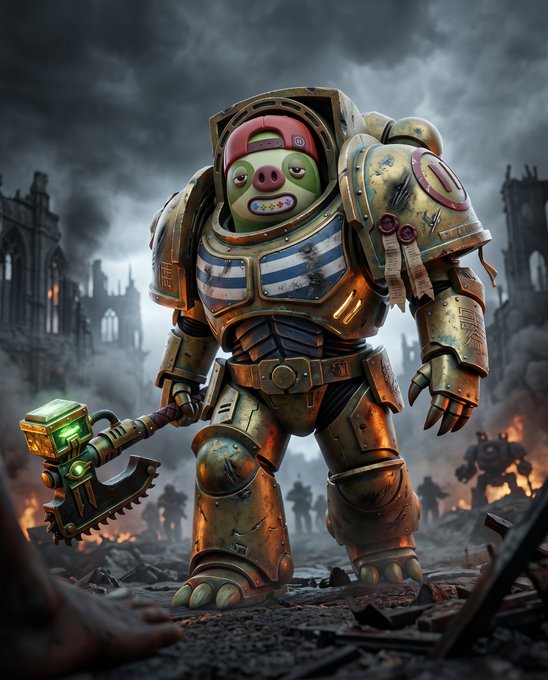 A dark, gritty digital artwork depicting a character wearing a pig mask inside weathered, gold-colored mechanical armor holding a glowing green axe, standing in a ruined, smoky cityscape.