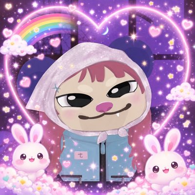 A cute cartoon character with pink hair and a hood, surrounded by a glowing heart, rainbow, stars, and two bunnies in a sparkly purple background.