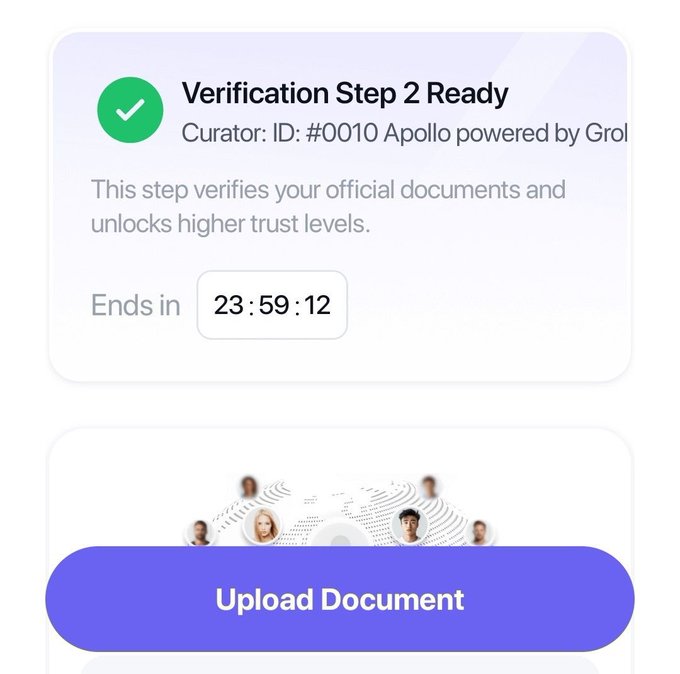 A "Verification Step 2 Ready" notification for Curator ID: #0010 Apollo powered by Grol, displaying a 23:59:12 countdown timer and an "Upload Document" button to complete KYC verification and unlock higher trust levels.