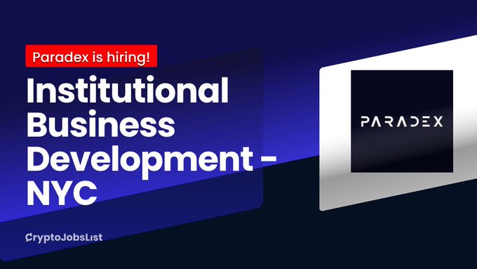 A job listing graphic with a dark blue background featuring a red "Paradex is hiring!" tag and bold white text announcing an "Institutional Business Development – NYC" position, alongside the Paradex logo on a laptop display and a "CryptoJobsList" attribution at the bottom.