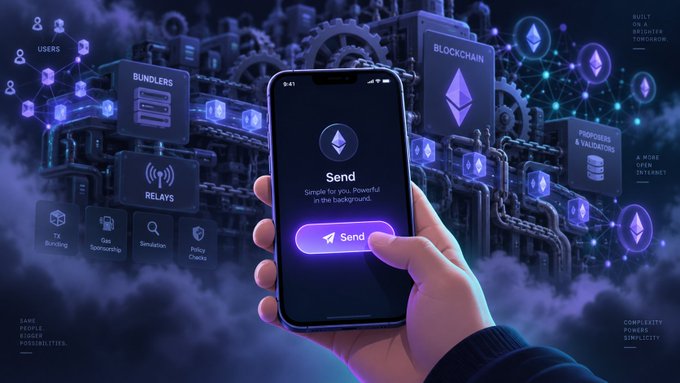 A digital illustration showing a hand using a smartphone to send an Ethereum transaction, surrounded by blockchain-related elements like Bundlers, Relays, and Proof of Validation.