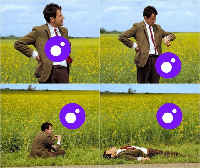 A four-panel meme shows a man in a brown jacket and red tie in a yellow flower field, progressively checking his watch, sitting down, and finally lying on the ground, with purple icons floating nearby. The image humorously visualizes the post's "still waiting.. wen wen?" sentiment, depicting growing impatience and exhaustion from waiting.