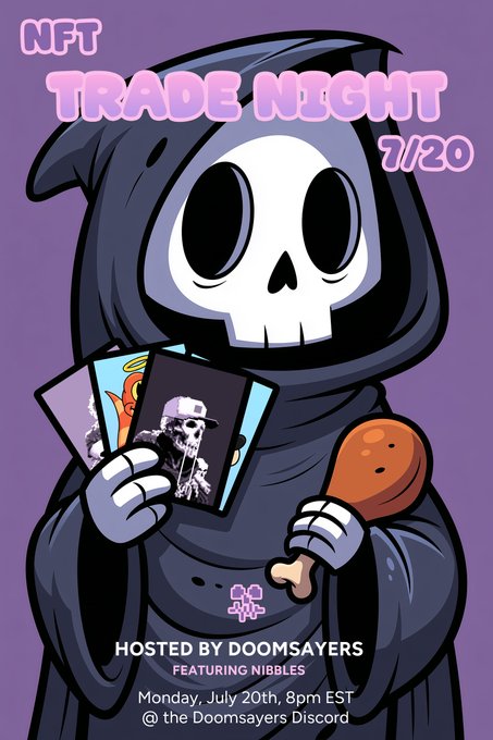A Grim Reaper character holds NFT trading cards and a chicken drumstick, promoting an 'NFT TRADE NIGHT 7/20' event hosted by Doomsayers featuring Nibbles on Monday, July 20th at 8pm EST on the Doomsayers Discord.