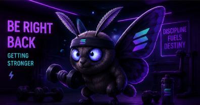 A 'BE RIGHT BACK - GETTING STRONGER' screen featuring a moth-like character with glowing purple eyes wearing a headband and lifting dumbbells in a gym setting with the text 'DISCIPLINE FUELS DESTINY'.