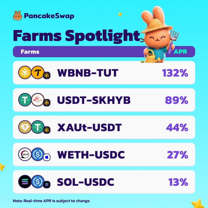 The image is a PancakeSwap "Farms Spotlight" graphic showcasing five liquidity farm pairs with their APRs: WBNB-TUT at 132%, USDT-SKHYB at 89%, XAUt-USDT at 44%, WETH-USDC at 27%, and SOL-USDC at 13%, with a cute farmer bunny mascot. It visually supports the post by highlighting $TUT's top-ranked APR position alongside established assets like gold (XAUt), ETH, SOL, and tokenized equities (SKHYB), reinforcing the claim of meaningful ecosystem recognition.