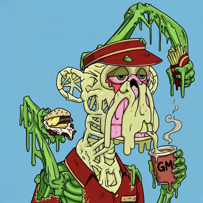 An illustrated cartoon depicts a zombie-like character with green slime dripping from its skeletal features, wearing a red visor and shirt, while holding a burger and fries along with a drink labeled "GM".