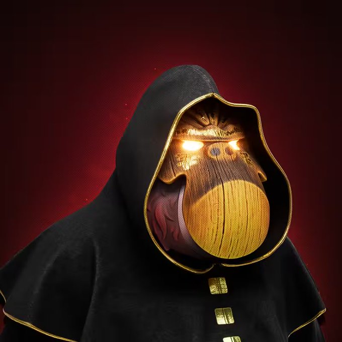 A digital illustration of a hooded, cloaked figure with glowing golden eyes and a wooden mask-like face against a deep red background.