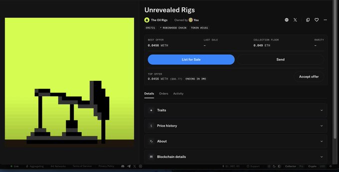 An NFT marketplace listing page for 'Unrevealed Rigs' showing a pixel art rig on a green background with a best offer of 0.0456 ETH.