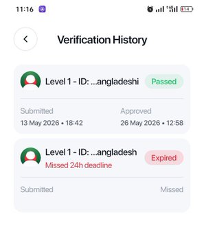 A mobile phone screenshot of a 'Verification History' page showing a 'Level 1 - ID...angladeshhi' that was passed (approved 26 May 2026) and another that expired after missing a 24h deadline.