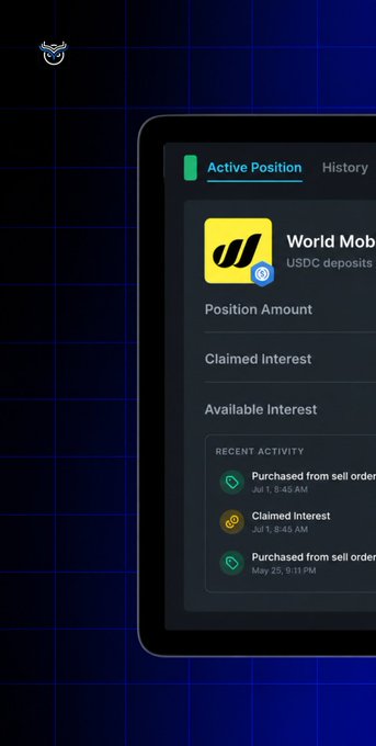 A mobile app interface displayed on a tablet showing 'World Mob USDC deposits' with tabs for 'Active Position' and 'History', including 'Claimed Interest' and 'Recent Activity' entries.