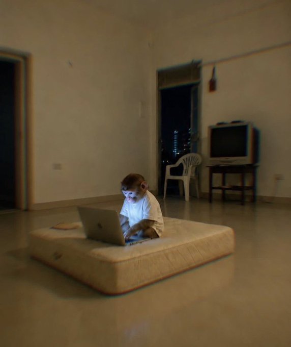 A small monkey wearing a white shirt sits on a bare mattress on the floor in an empty apartment, looking at a laptop screen.