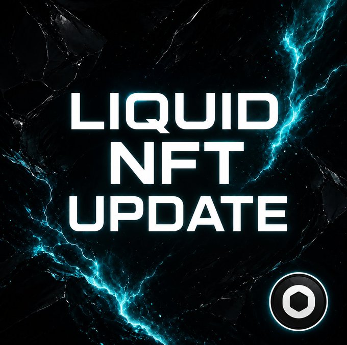 Bold graphic with electric blue lightning effects on a black background featuring the text 'LIQUID NFT UPDATE' and a hexagonal logo in the bottom right corner.