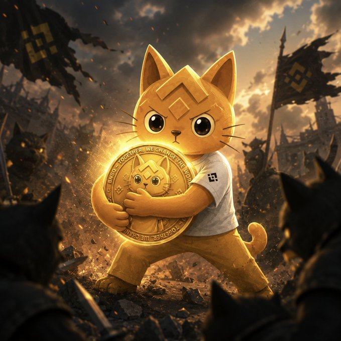 A digital illustration of an orange cat-like character holding a glowing coin, standing heroically amid a battlefield with tattered flags and shadowy cat figures.