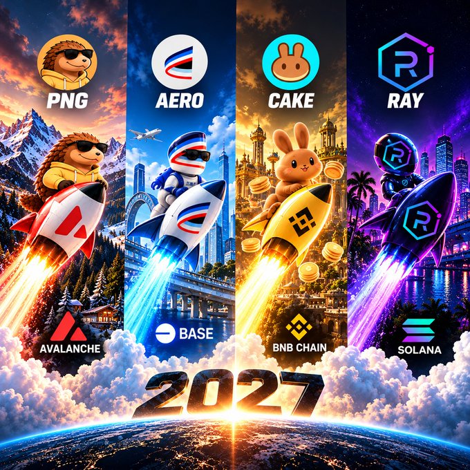 A vibrant digital artwork featuring four cartoon characters riding rockets over a cloud-covered Earth, labeled PNG/Avalanche, AERO/Base, CAKE/BNB Chain, and RAY/Solana with '2027' displayed at the bottom.