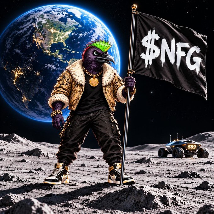 A sci-fi image featuring an anthropomorphic bird character in a fur-lined jacket holding a black flag with '$NFG' written on it, standing on the moon with Earth and a lunar rover (numbered 589) in the background.