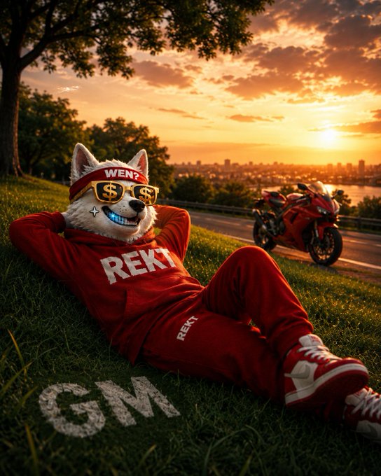 An AI-generated image of a Shiba Inu dog wearing gold sunglasses with dollar signs, a red tracksuit reading "REKT," and a "WEN?" headband, lounging on grass at sunset with a red motorcycle in the background.