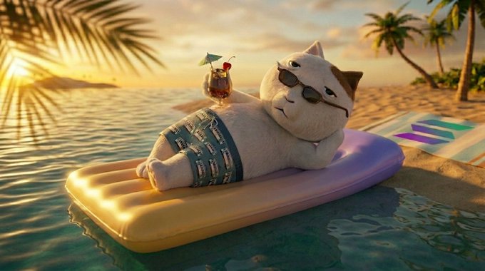 A chubby cartoon cat wearing sunglasses lounges on a colorful pool float, sipping a tropical cocktail at a sunset beach — perfectly capturing the "vacation mode" vibes of chilling on Solana while the market pumps.