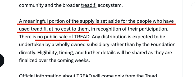 A text excerpt with red underlines highlighting portions about tread.fi, stating that a meaningful portion of supply is set aside for people who used tread.fi, and there is no public sale of TREAD.