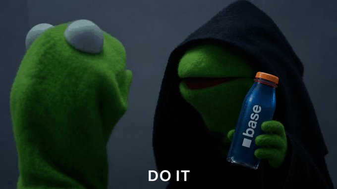 A parody featuring Kermit the Frog in a dark hooded robe holding a blue 'base' branded water bottle while facing a green frog figure, with the text 'DO IT' displayed at the bottom.