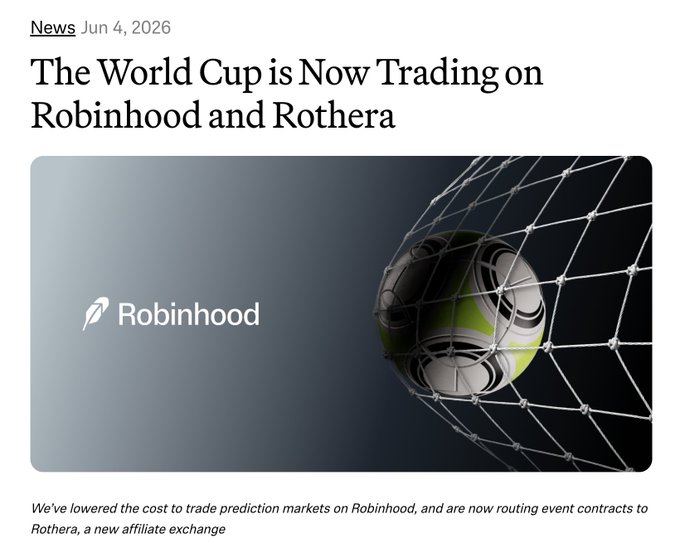 The image features a soccer ball, which appears to be a fake one, placed inside a soccer goal net. The background of the image is black with white text that reads "BREAKING: $HOOD TO ROUTE SOME WORLD CUP BETS THROUGH ROTHERA INSTEAD OF KALSHI - Robinhood owns Rothera through a joint venture with Susquehanna - Customers will have lower costs on these bets vs. bets routed through Kalshi". The image is related to the post because it shows how Robinhood, an online investment platform, is now trading in the World Cup using its own currency instead of traditional betting options like Kalshi.