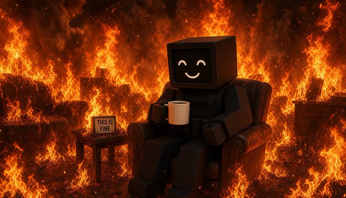 A blocky robot character sits calmly in an armchair amid raging flames, holding a coffee mug next to a sign reading "THIS IS FINE," capturing the meme's ironic calm-in-chaos vibe that mirrors the "burn" mechanism of fusing dormant machines into active ones.