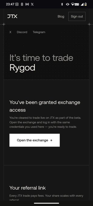 Mobile screenshot of a JTX platform notification titled 'It's time to trade Rygod,' announcing that the user has been granted exchange access to trade live on JTX as part of the beta, with an 'Open the exchange' button.