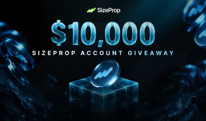 A promotional graphic for a SizeProp giveaway featuring bold "$10,000" text and "SIZEPROP ACCOUNT GIVEAWAY" headline against a dark, cosmic-style background with a glowing SizeProp coin atop a crystal cube—visually representing the $10,000 trading account prize being offered in celebration of TermMaxFi's $TMX TGE.