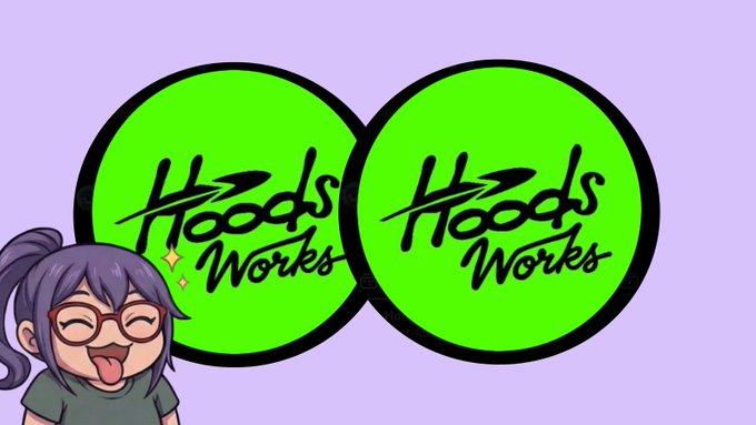Two green circular logos with black text reading 'Hoods Works' alongside a chibi-style cartoon character with purple hair and glasses.