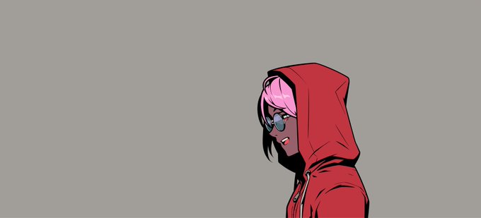 An illustration of a character wearing a red hoodie and sunglasses with pink hair, set against a gray background.