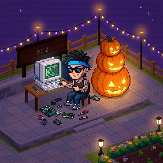 An isometric pixel art scene showing a hacker character with a blue bandana working at a 'PC 2' computer next to a stack of three jack-o'-lanterns under string lights.