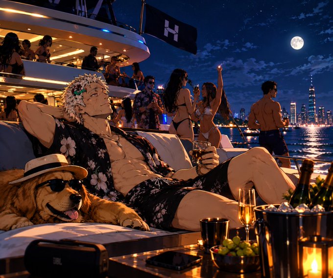 An anime-style illustration showing a muscular man with white spiky hair wearing a black floral Hawaiian shirt, relaxing on a yacht lounge chair at night. He holds a glass of champagne while wearing a crown, with a golden retriever in a hat and sunglasses beside him, and a lively party with people in swimwear happening on the yacht deck behind him, with a city skyline and full moon in the background.