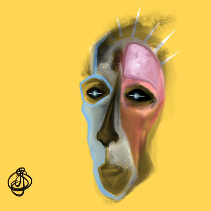 A digital artwork featuring an abstract, fragmented face with pink and grey coloring against a yellow background, featuring striking eyes with cross-shaped pupils and spiked protrusions on top.